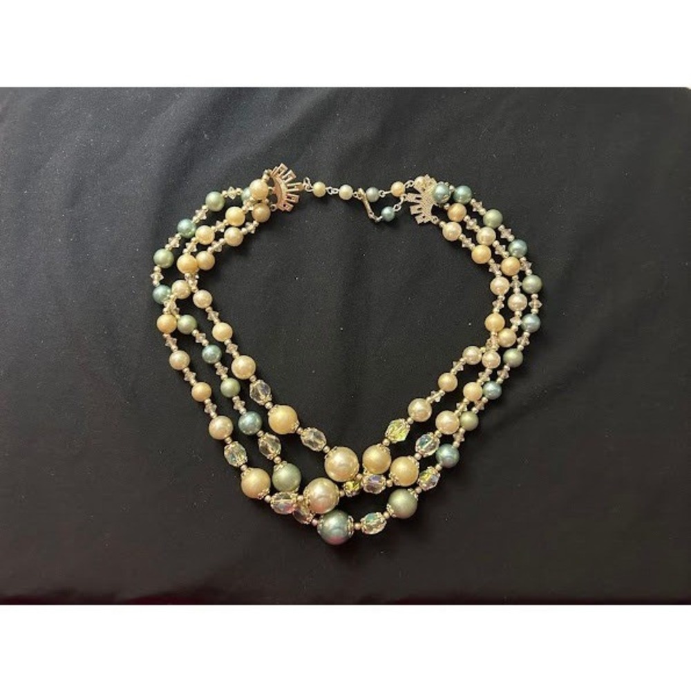 Vintage Japan Triple Strand Faux Pearl Crystal Necklace Cream Green Gold Tone
